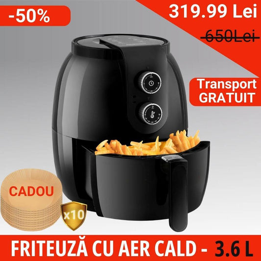 Air Fryer 1300W, 3.6L, Coș Antiaderent, Reglaj Manual – Gătire Rapidă și Sănătoasă