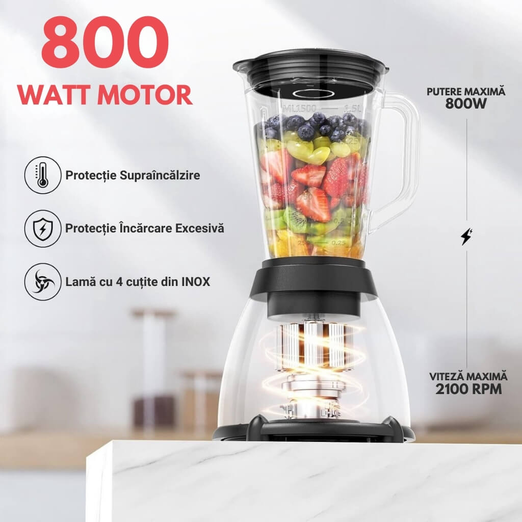Blender Multifuncțional Royalty Line® 800W, Cană din Sticlă, 1.5 l
