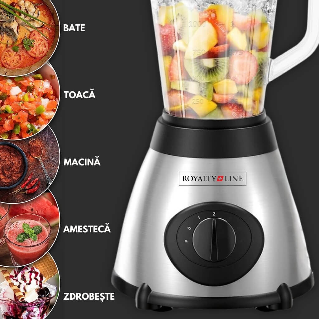 Blender Multifuncțional Royalty Line® 800W, Cană din Sticlă, 1.5 l