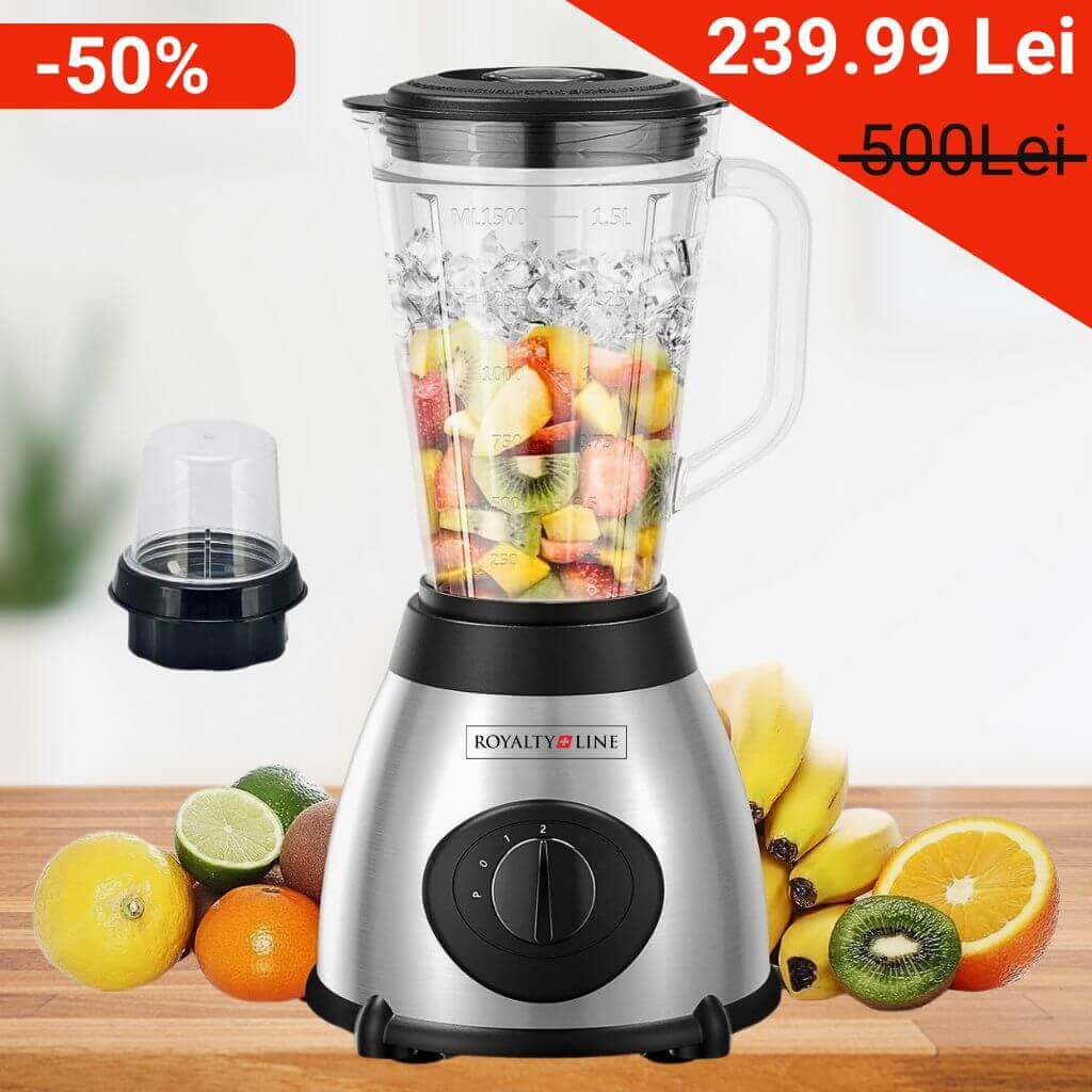Blender Multifuncțional Royalty Line® 800W, Cană din Sticlă, 1.5 l