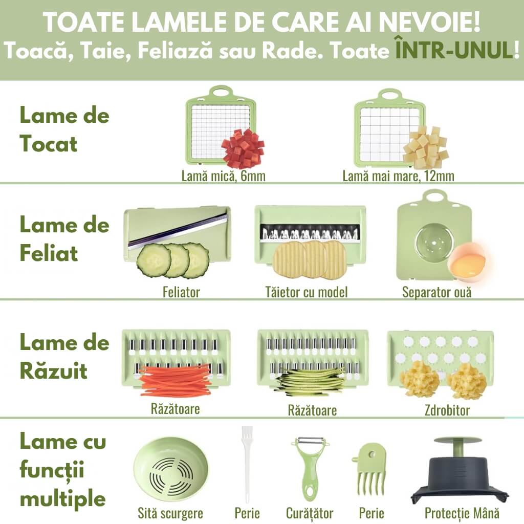Feliator Manual Mandolina 9 în 1 - Toacă, Taie, Feliază, Răzuiește