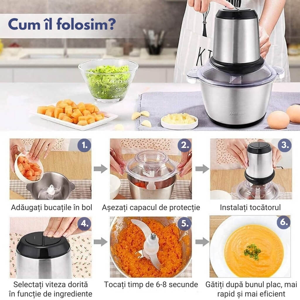 Tocător Electric Royalty Line® 300W, 1.8 Litri, 2 Viteze, Inox